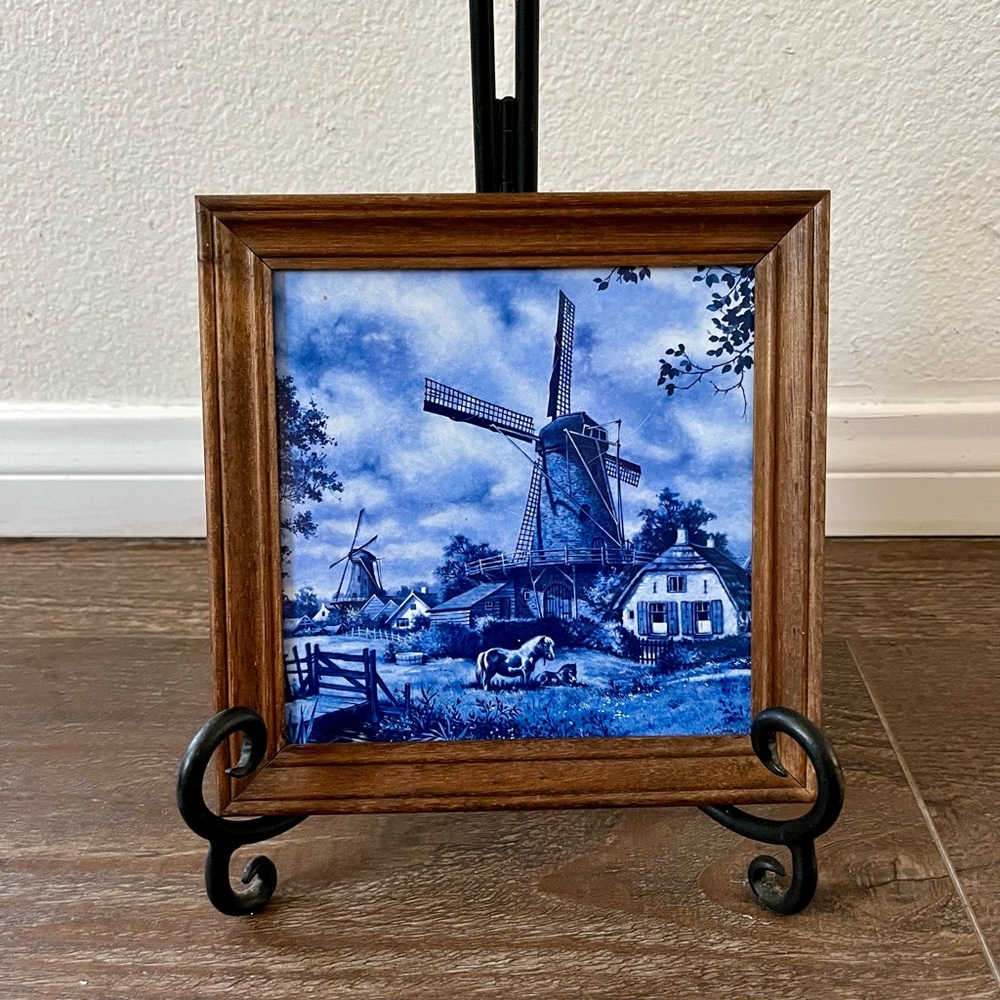 Framed Blue Windmill ceramic Art Tile 7/7 inches from Holland